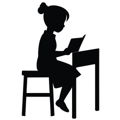 Girl Sitting by Desk Reading Book Silhouette