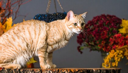 Ginger cat on a stump surrounded by fall decor