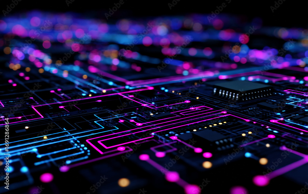 Aufkleber close-up view of colorful circuit board with glowing lines