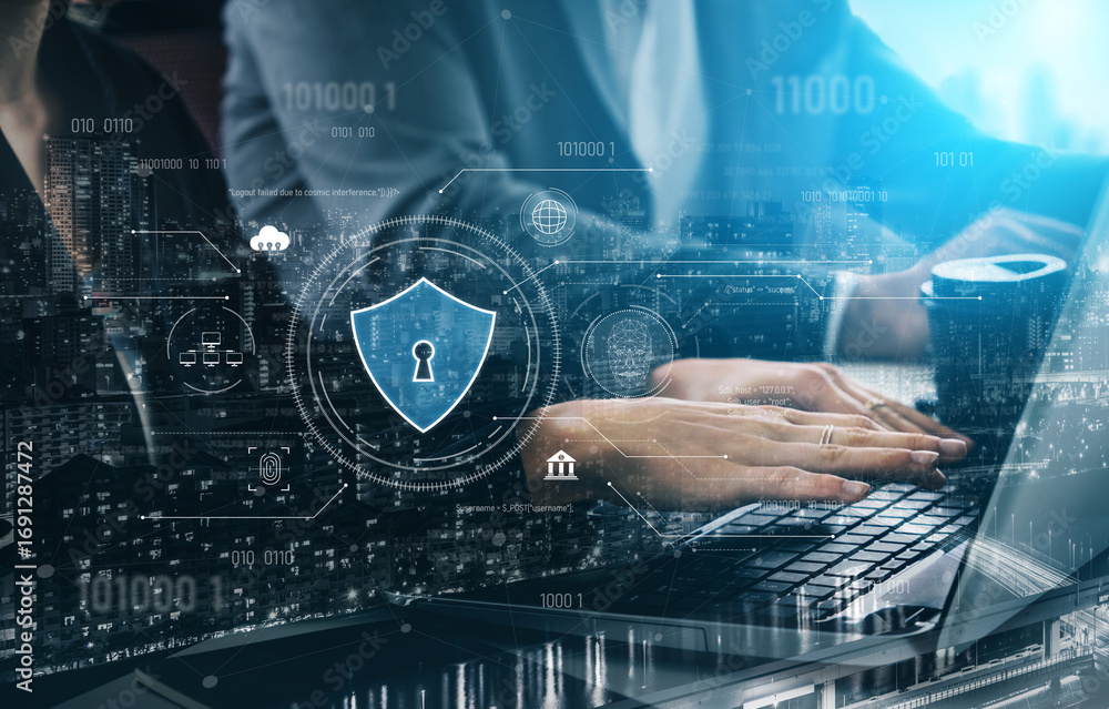 Poster cyber security interface with biometric and ai-powered protection system. cyber security secures acc