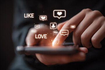 Close-up shows hands using mobile with social media icons. Sparks add bright, fun effect for advertising, social media posters, branding, website backgrounds.