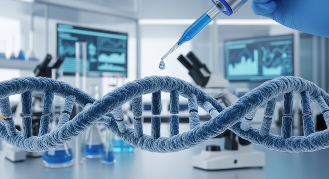 3d H&eacute;lice dupla de DNA com pipeta em ambiente de laborat&oacute;rio.