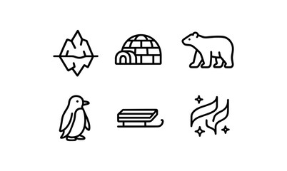 Minimalist arctic icons: polar bear, igloo, penguin, sled, northern lights, iceberg