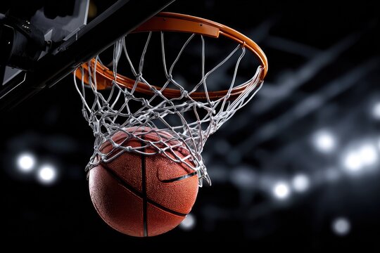 Basketball falling through hoop. Close-up of a basketball entering a hoop against a dark, out-of-focus arena background with bright lights