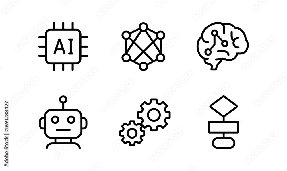 Poster minimalist ai and robotics line icons set with neural network and brain symbols