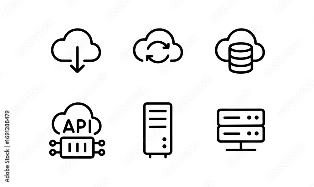 Poster cloud computing icon set featuring minimalist line art design with technology symbols