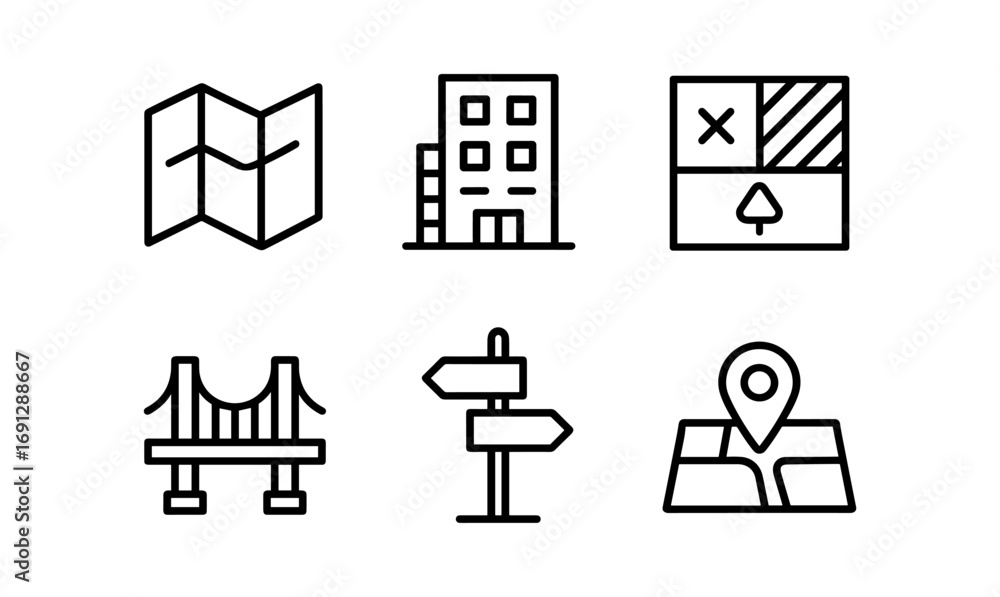 Poster simple linear icons for navigation and urban planning