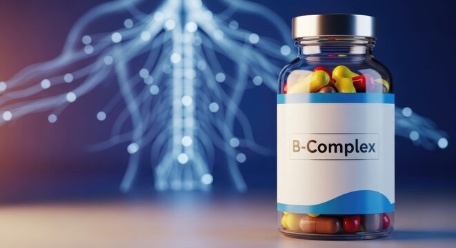 Bottle of B complex pills in front of abstract blue glowing neural network lines suggesting brain function and health benefits