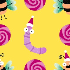 Christmas kids caterpillars seamless worms and bees pattern for fabrics and textiles and packaging and linens 