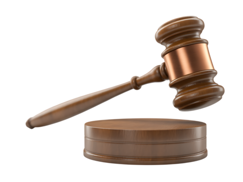 Justice symbol wooden gavel and striking block representing law court legal decisions judgment authority transparent background