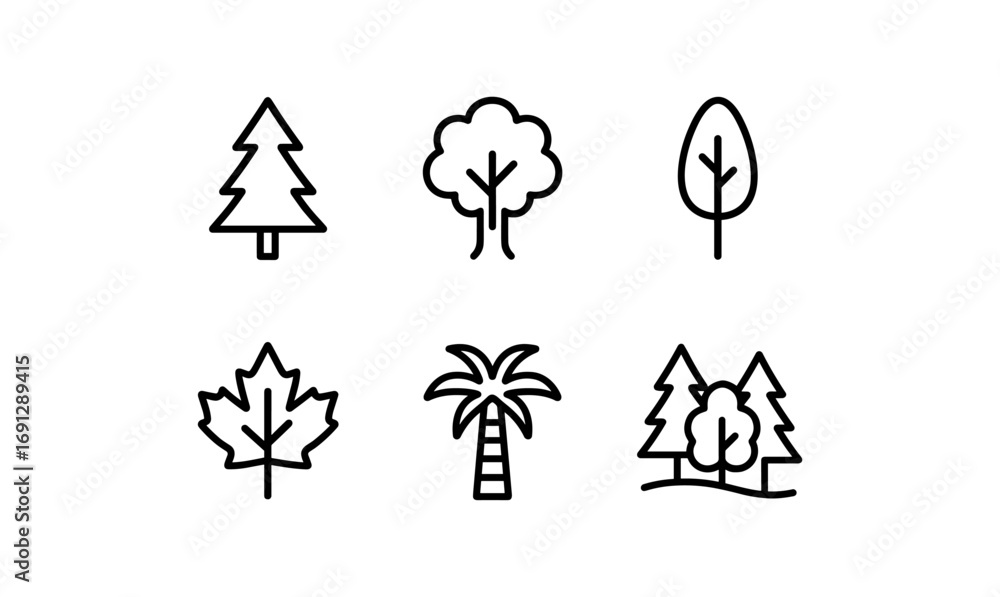 Poster simple tree icons: minimalist linear designs featuring various tree types