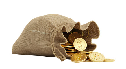 Bag of gold coins overflowing represents wealth prosperity financial success conceptual image transparent background