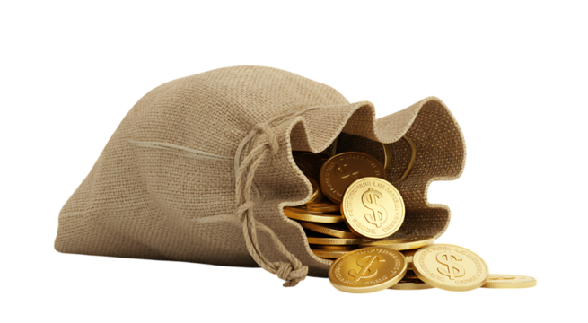 Bag of gold coins overflowing represents wealth prosperity financial success conceptual image transparent background
