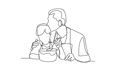 Continuous line drawing of happy father dad cooking together with her kid. Lovely family sketch drawing editable stroke vector illustration