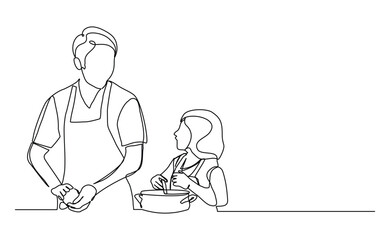 Continuous line drawing of happy father dad cooking together with her kid. Lovely family sketch drawing editable stroke vector illustration