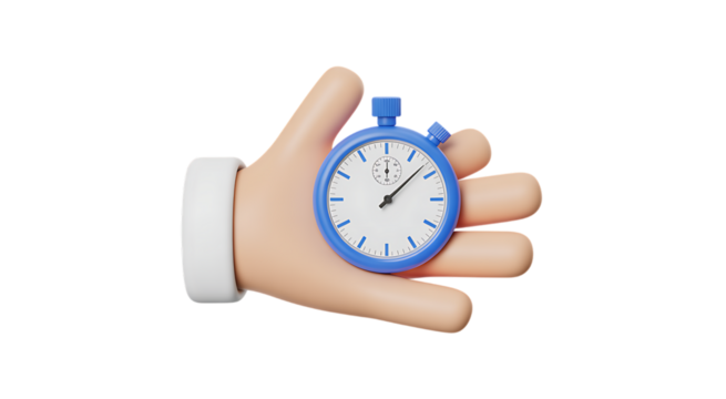 Cartoon hand holding blue stopwatch symbolizing time management and efficiency transparent background