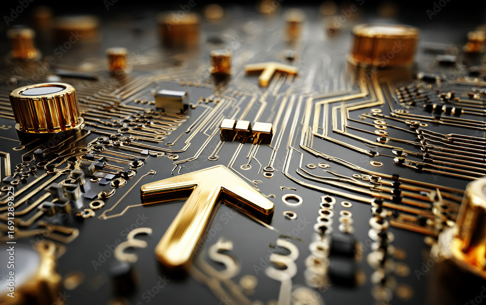 Poster close-up view of a complex electronic circuit board with golden components