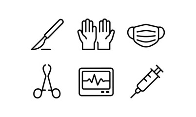 Medical equipment line icons: surgical tools, protective gear, and monitoring devices