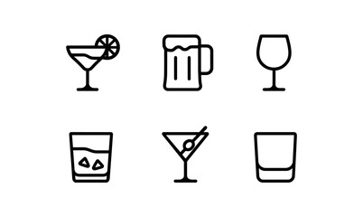 Minimalistic linear icons of various drinkware including cocktails and beer mugs