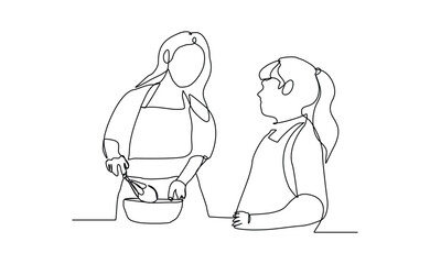 Continuous line drawing of happy mother cooking together with her kid. Lovely family sketch drawing editable stroke vector illustration