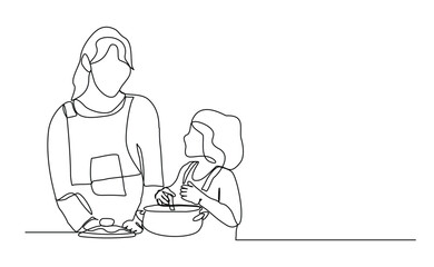 Continuous line drawing of happy mother cooking together with her kid. Lovely family sketch drawing editable stroke vector illustration
