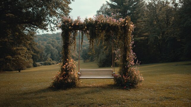 Floral swing set in sunny field, foliage backdrop