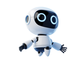 Cute futuristic robot character design with glowing blue eyes representing ai and technology concepts transparent background