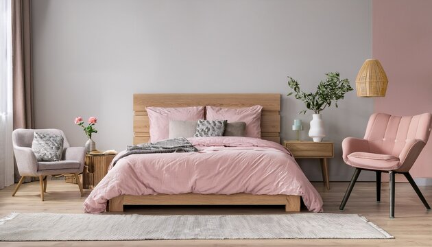 pink beddings in pastel bedroom with wooden nightstands and grey armchair