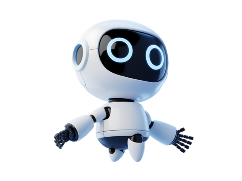 Cute futuristic robot character design with glowing blue eyes representing ai and technology concepts transparent background