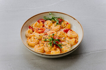Shrimp in creamy chili sauce with sesame seeds and herbs on ceramic plate, top view