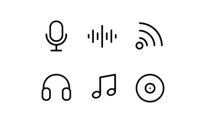 Minimalist audio icons: microphone, soundwave, headphones, note, disc, and signal