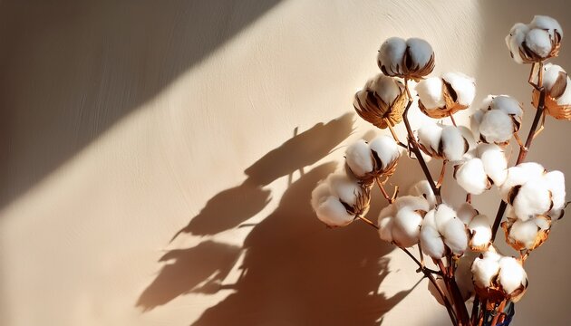 a bouquet of cotton in bright sunlight against the wall