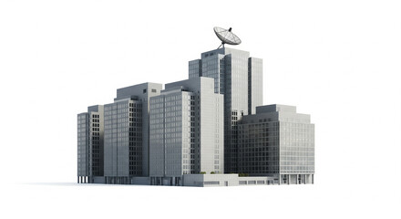 Fototapeta premium Group of modern city office buildings and skyscrapers with a satellite dish on top, isolated transparent background