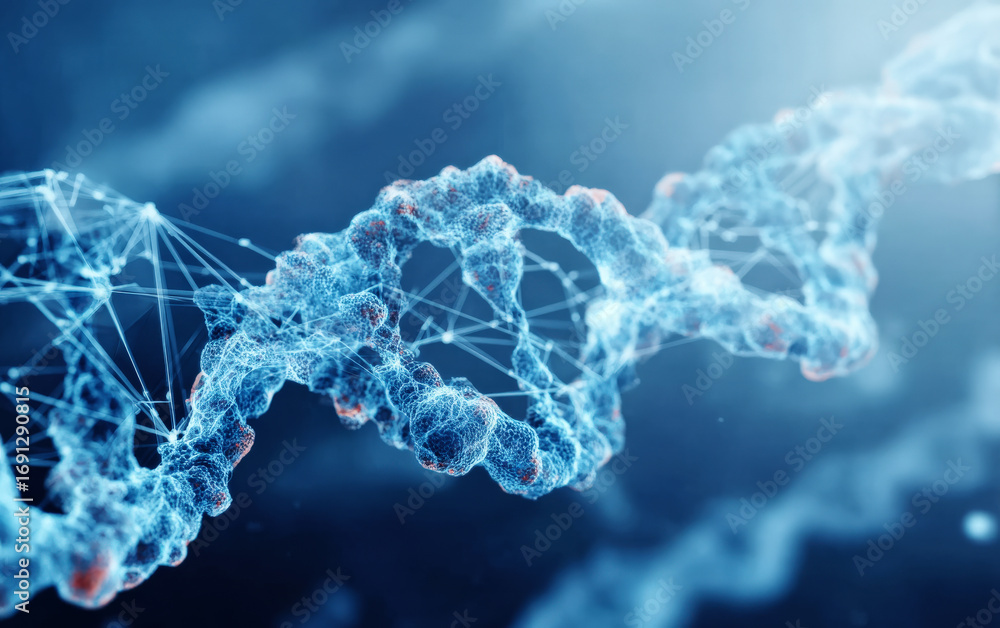 Poster close-up view of a dna double helix structure with molecular connections