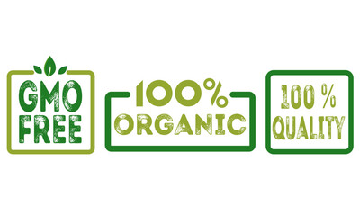 organic food labels set gmo free, 100% organic, 100%bquality eco badges
