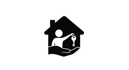 Person holding house key inside silhouette of a house, representing home ownership and security