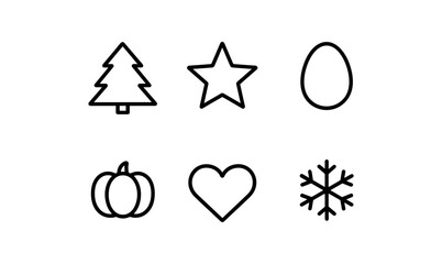 Simple holiday icons featuring tree, star, egg, pumpkin, heart, and snowflake in minimalist line style