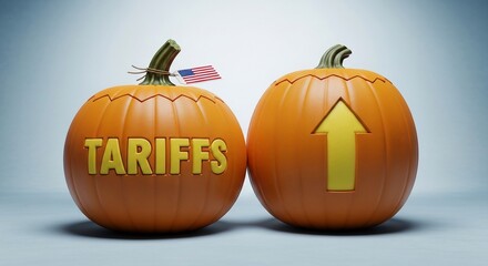 US tariffs increase impacting economy, represented by pumpkins with American flag and rising arrow