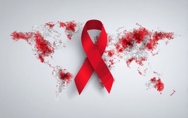 Red ribbon symbol, global HIV AIDS awareness, aging health solidarity, world map representing disease impact, senior care support, community prevention efforts.