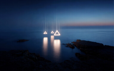 Three glowing triangles hanging over the calm sea at dusk