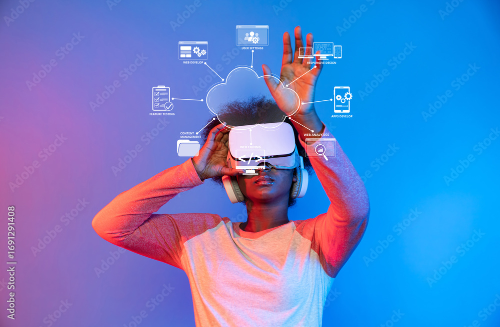 Poster a user engages with advanced virtual reality technology, showcasing innovative cloud solutions and o