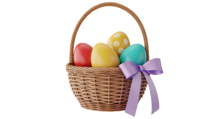 Festive easter basket filled with colorful eggs adorned with a charming ribbon decoration transparent background