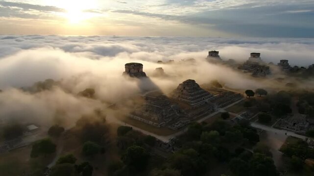 Aerial view of chichen itza mayan ruins emerging from morning fog and clouds at sunrise, yucatan peninsula, mexico