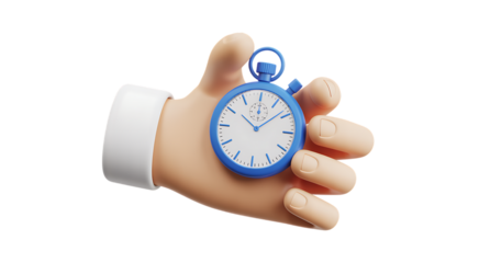 Hand holding blue stopwatch symbolizing time management productivity success and efficiency business concept transparent background