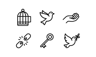 Freedom icons set: birds, keys, and open hands in minimal linear style
