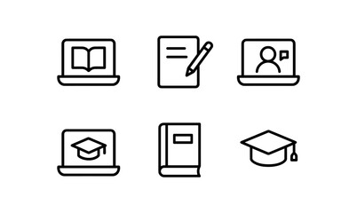 Online education icons: linear set for e-learning and academic tools