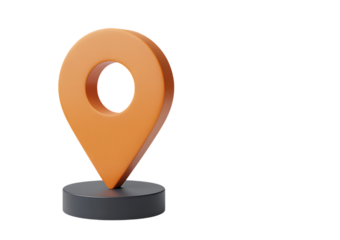Minimalist orange map pointer on black pedestal represents precise navigation and location finding transparent background