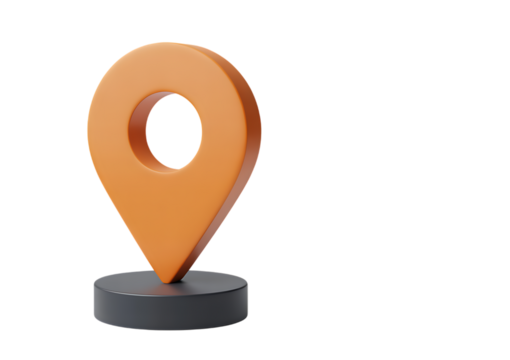 Minimalist orange map pointer on black pedestal represents precise navigation and location finding transparent background