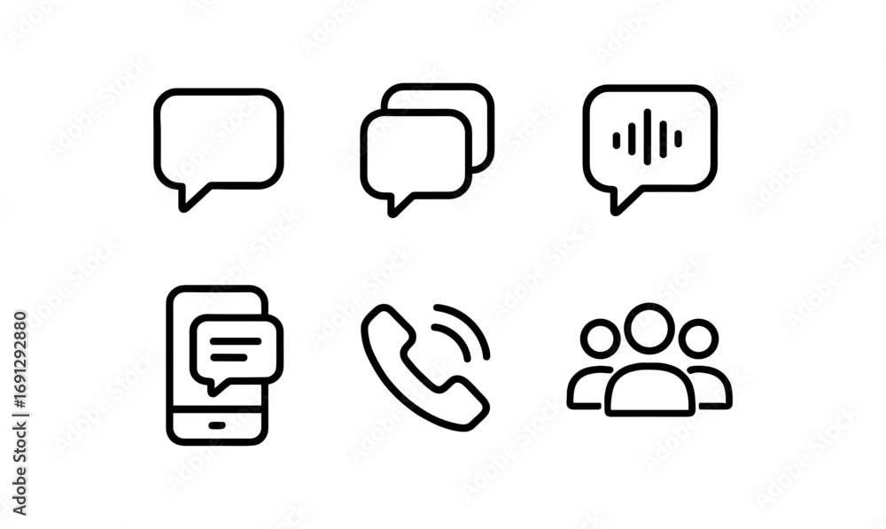 Poster communication icons set featuring messages and calls in minimalistic linear design
