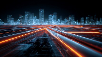 Futuristic city network data flow abstract background with glowing lines and cityscape illustration